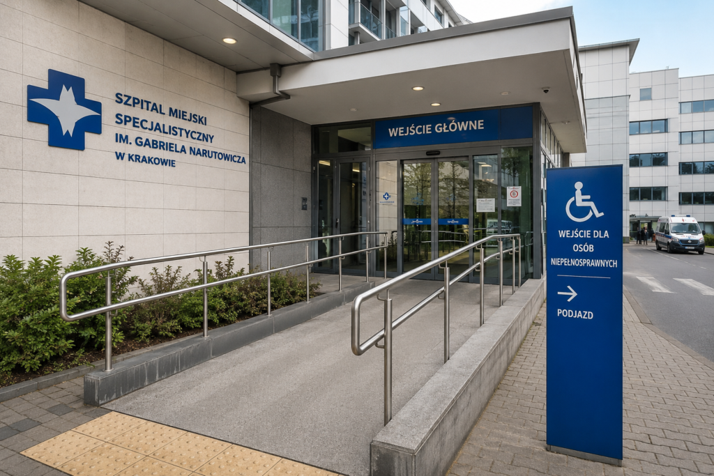 Wheelchair-accessible entrance of a hospital in Kraków, Poland