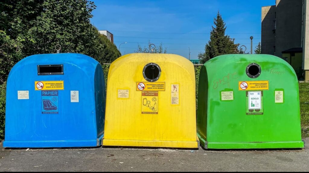 Color-coded waste segregation bins in Kraków, Poland