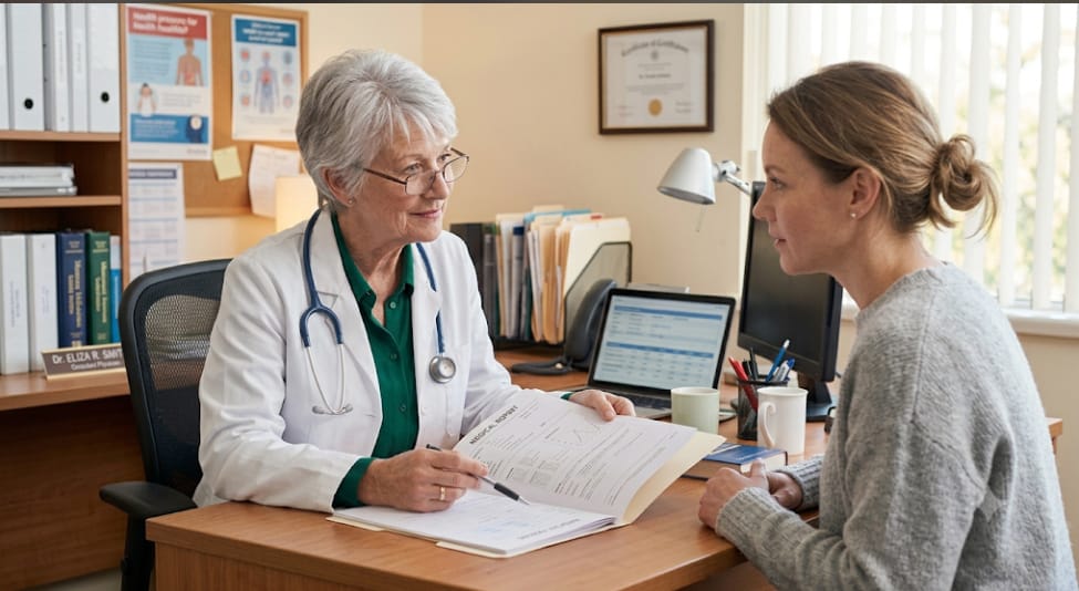 Doctor reviewing medical reports during a healthcare consultation