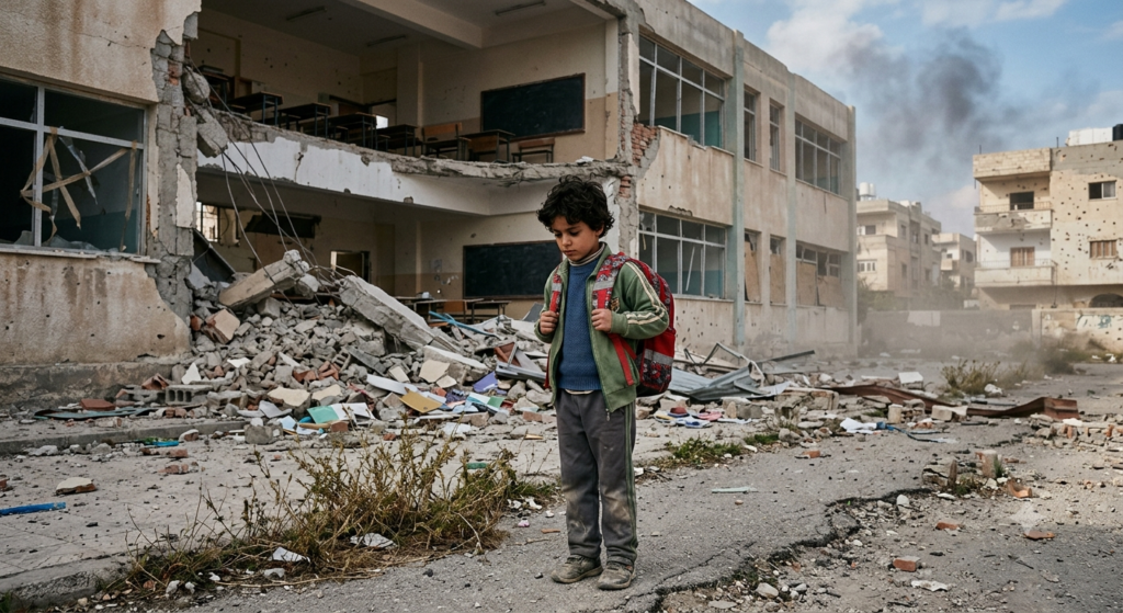Child with a schoolbag near a damaged school in a war affected area.
