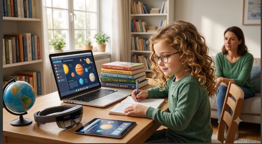 Child learning with technology and books as part of balanced modern parenting