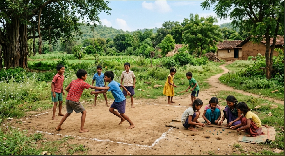 Children playing traditional games on a mud floor during a simple childhood experience.