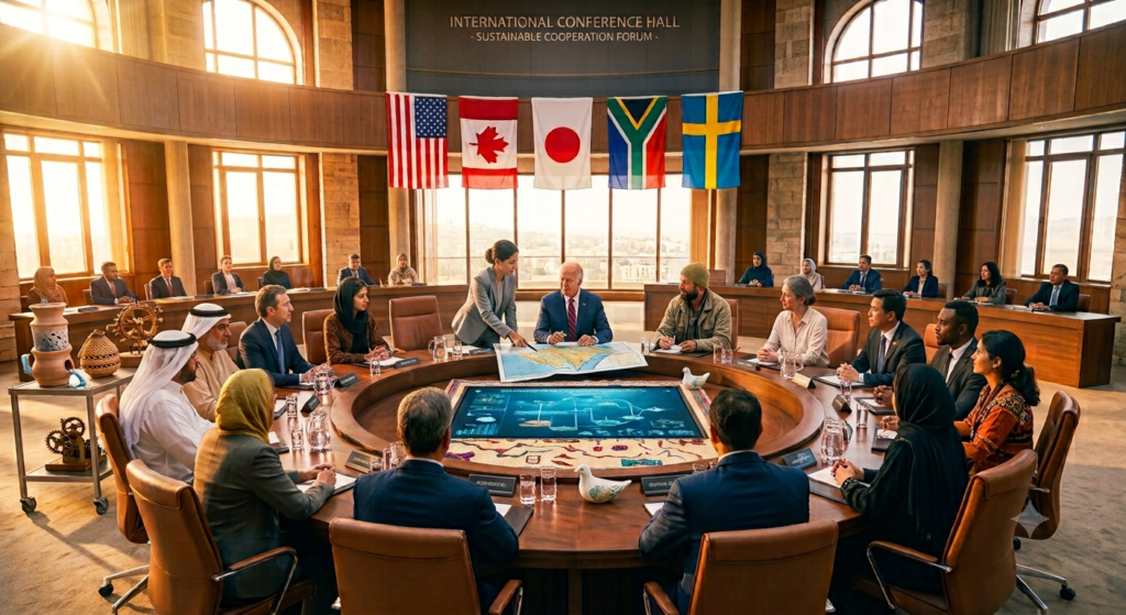 People discussing a conflict through peaceful dialogue.
