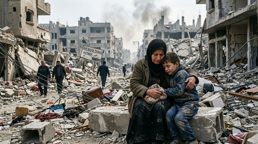 Woman in a black headscarf comforting a crying child among the rubble, showing the human cost of war.