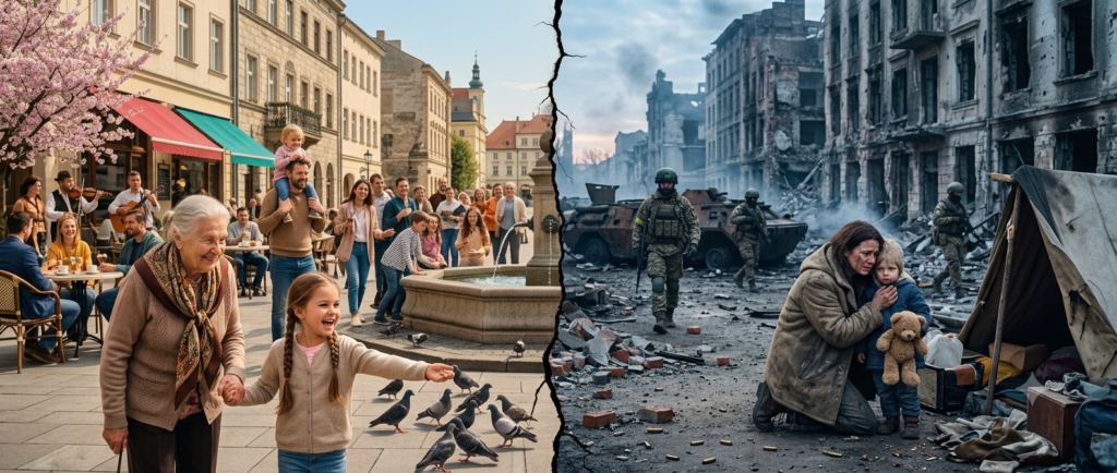 Split image representing the choice between humanity and destruction.