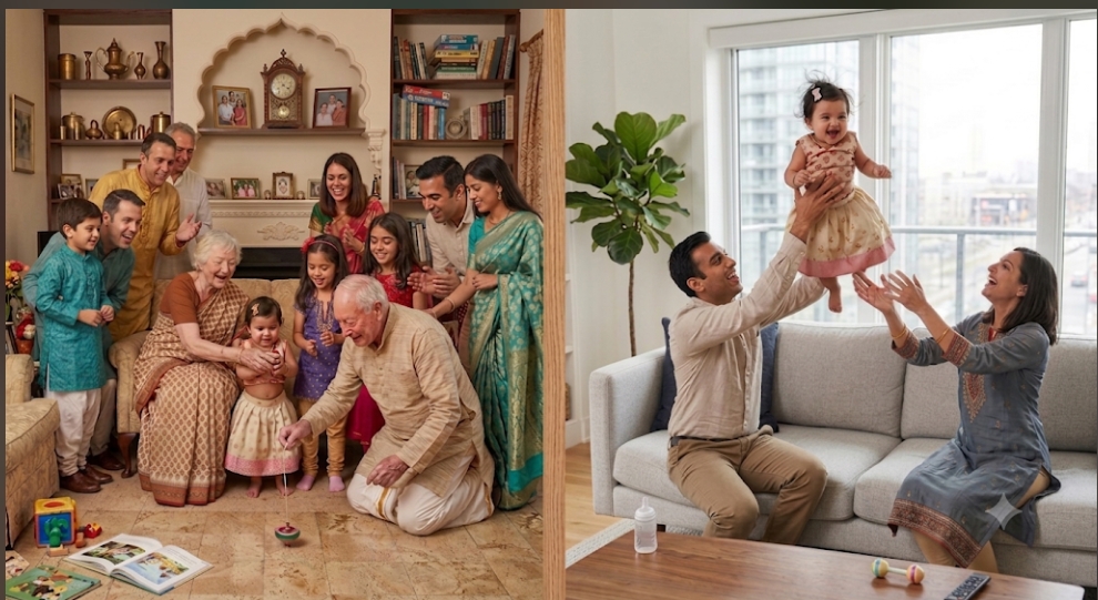 Split image comparing joint family and nuclear family structures across generations