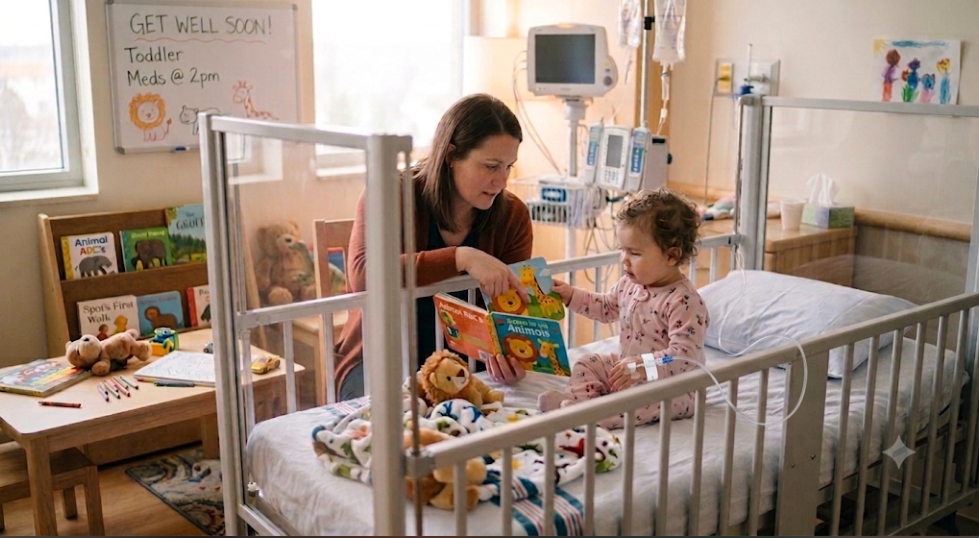 Mother showing animal pictures to her young child in a hospital room during a hospital stay