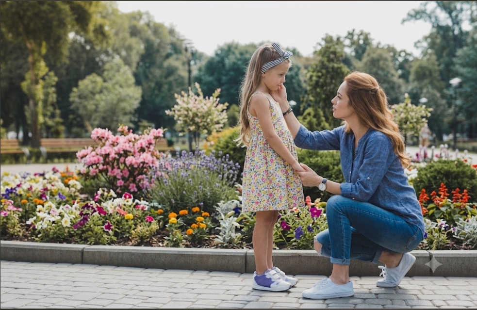 Parenting in Poland: mother calmly comforting her child