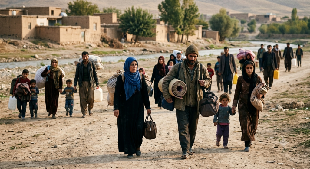 Refugee families leaving their homes with their belongings.