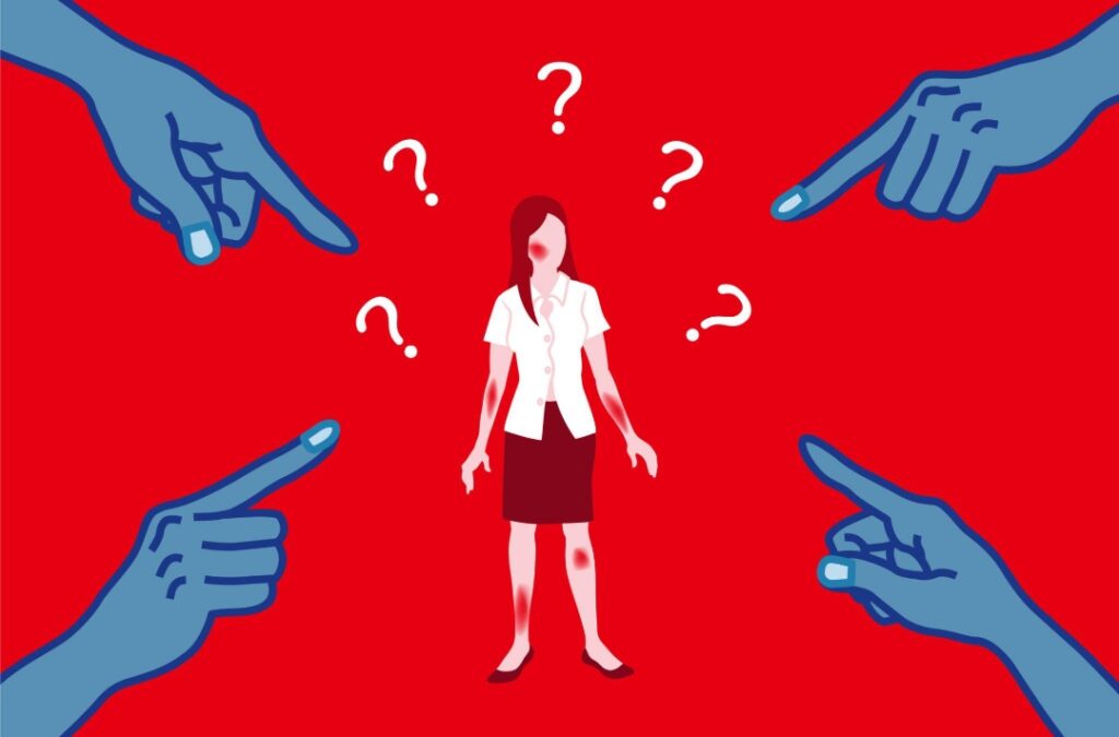 Victim blaming in rape cases awareness illustration