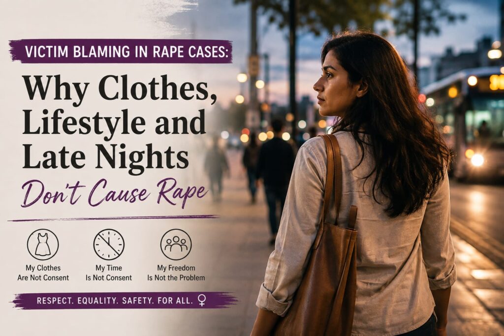 Woman walking alone in a city at night, representing women's safety and freedom