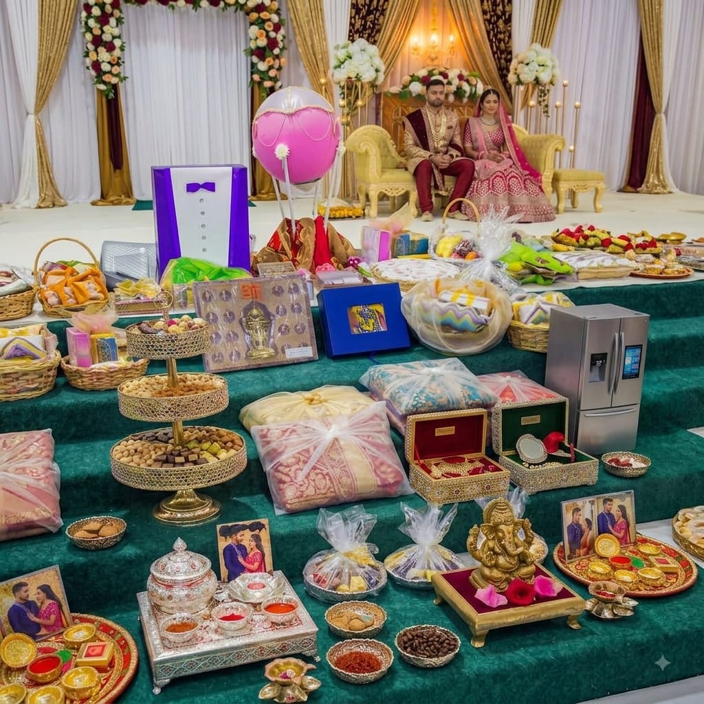 Indian wedding gifts and household items representing social pressure
