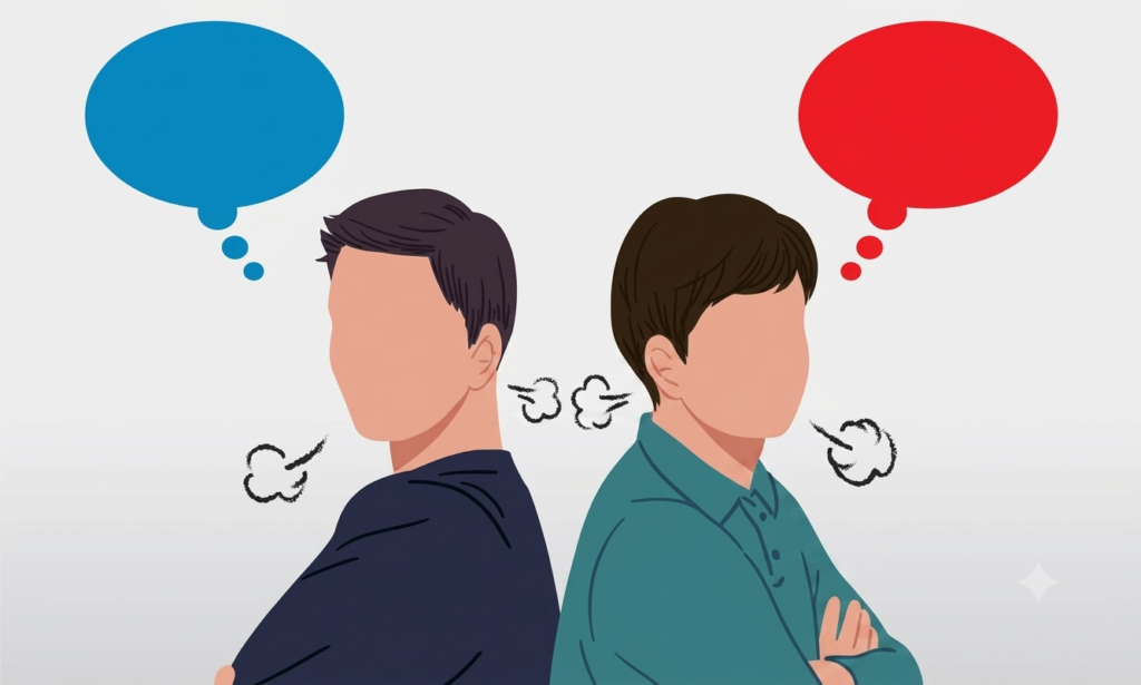 Two people expressing opposing views during a disagreement.
