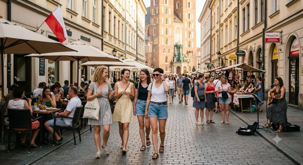 People enjoying a summer evening in a Polish city