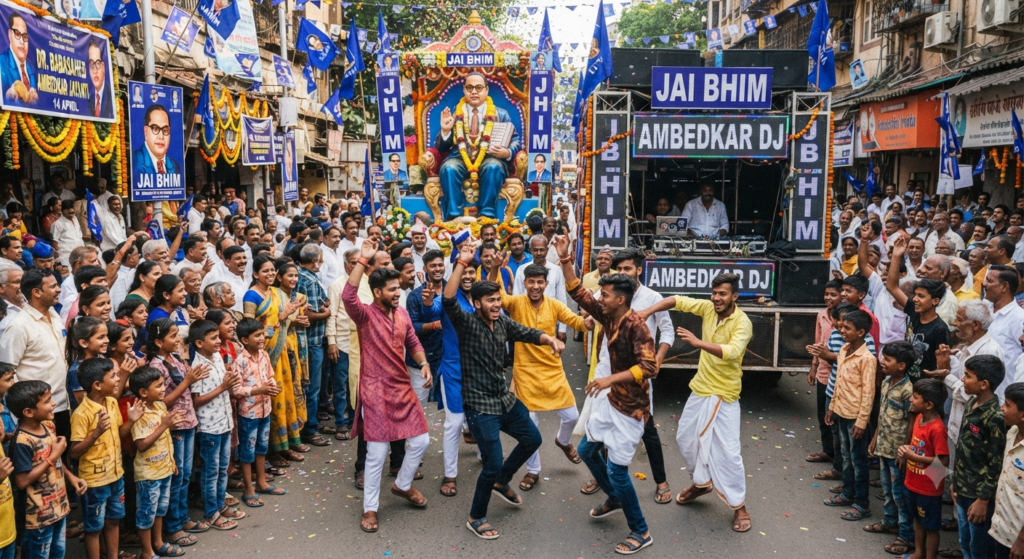 Dr. Babasaheb Ambedkar statue surrounded by a crowd and young people dancing to DJ music during an anniversary procession