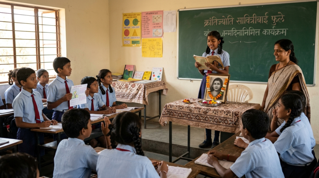 Schoolchildren learning about a Maharashtra historical personality during an anniversary programme