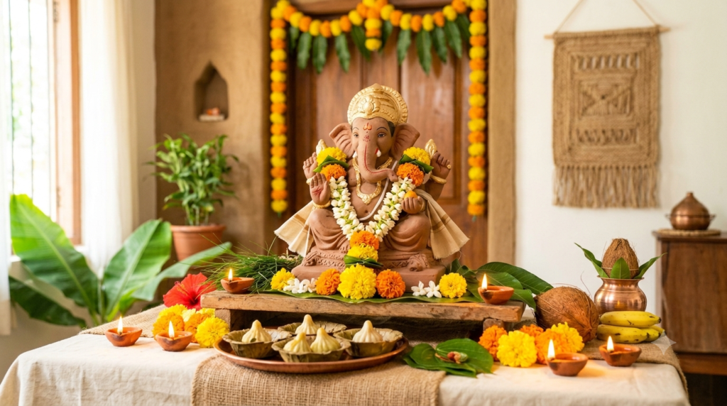 Eco-friendly Ganesh Chaturthi celebration with a natural clay Ganesha idol and flowers