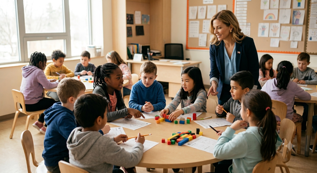 Children working together in a classroom to learn teamwork, communication, and conflict resolution.