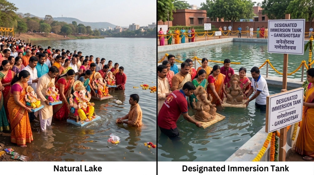 Comparison of natural clay Ganesh idol immersion in a rural lake vs. a designated immersion tank
