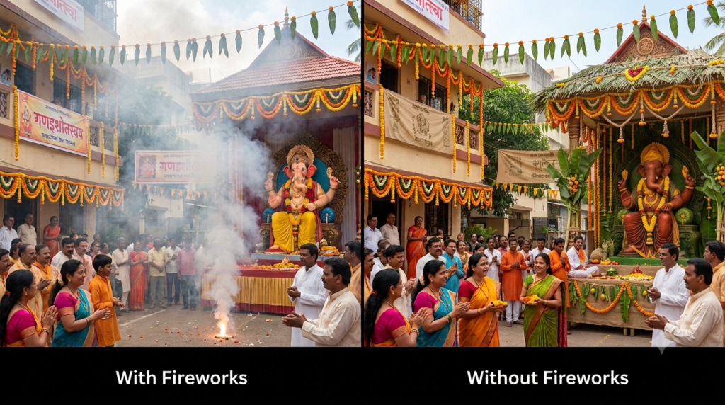 Community Ganeshotsav celebration with fireworks and smoke compared with a clear celebration without fireworks