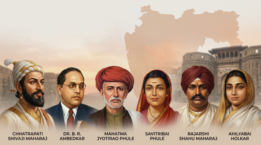 Portraits representing great leaders and historical personalities of Maharashtra