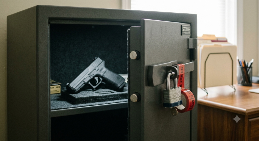 Firearm stored safely in a locked gun safe.