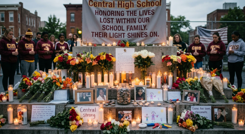 School memorial with candles, flowers, and tributes for victims of gun violence.