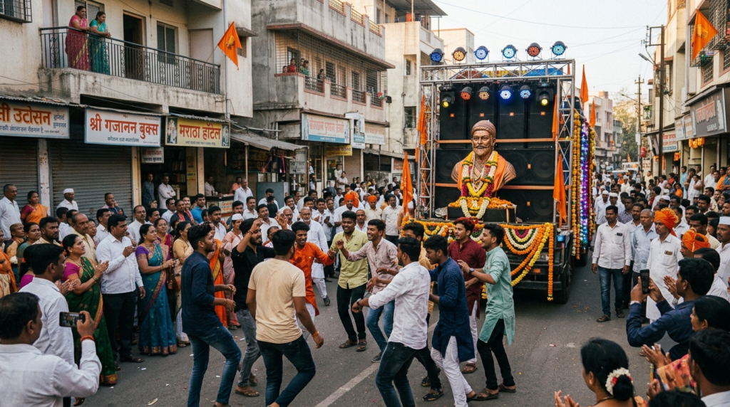 Young people dancing to DJ music in front of a decorated statue during a Maharashtra anniversary procession