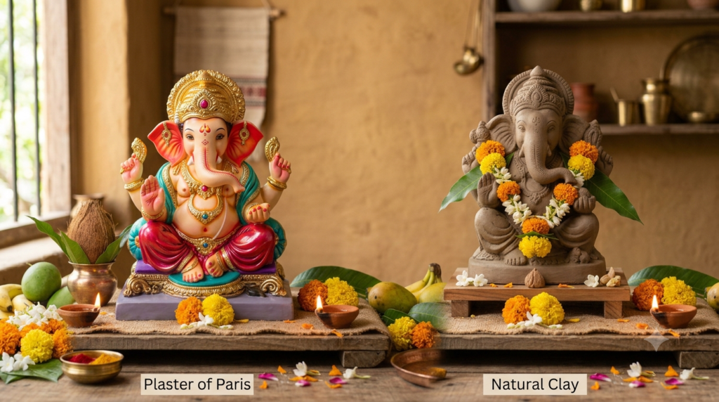 Comparison of a Plaster of Paris Ganesha idol and a natural clay Ganesha idol for an eco-friendly Ganeshotsav