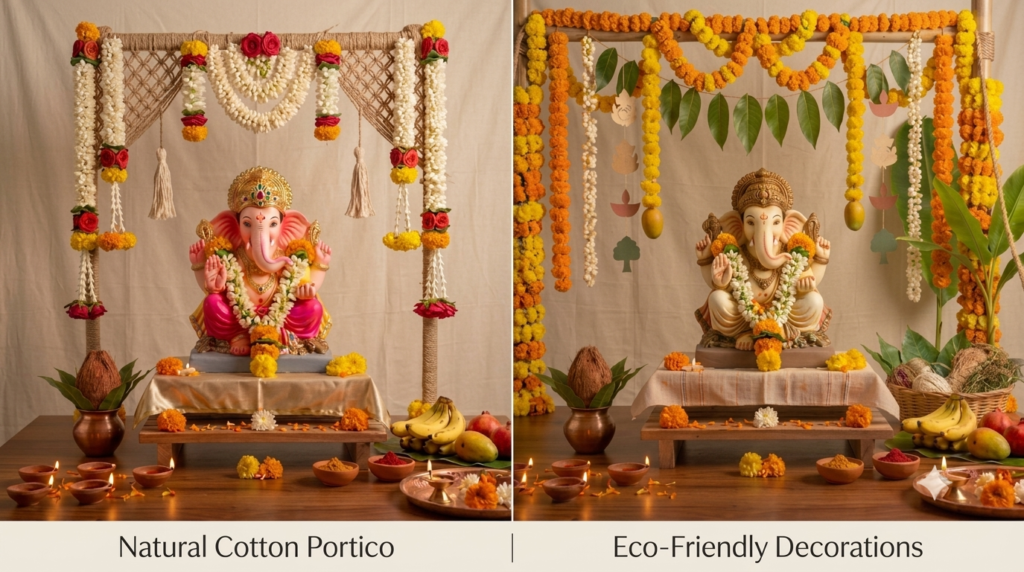 Comparison of plastic decorations and eco-friendly Ganeshotsav decorations made with flowers, leaves, bamboo, jute and cloth