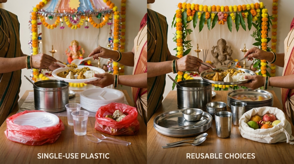 Comparison of single-use plastic plates and cups with reusable plates and cups during Ganeshotsav