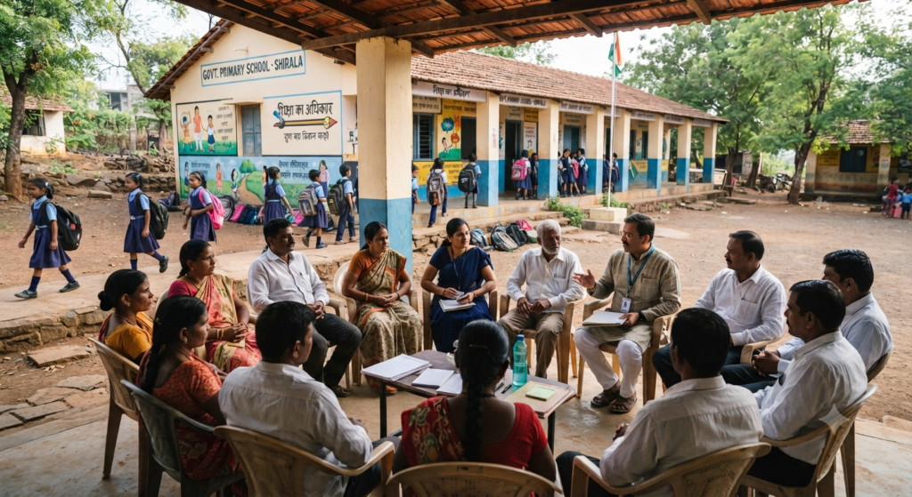 Parents, teachers and community members working together to improve a government school in India.