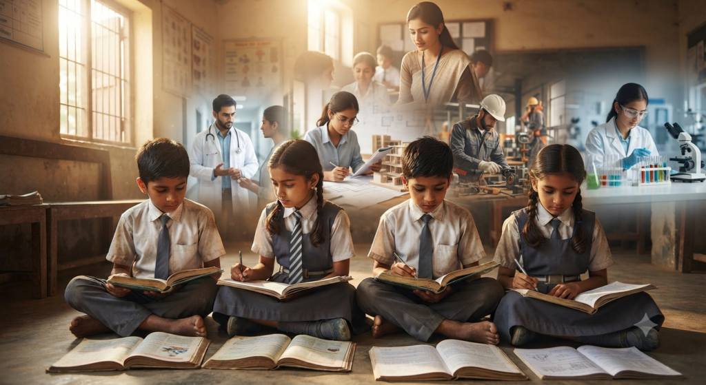 Indian school children studying with books, symbolising how education can shape future opportunities and society.