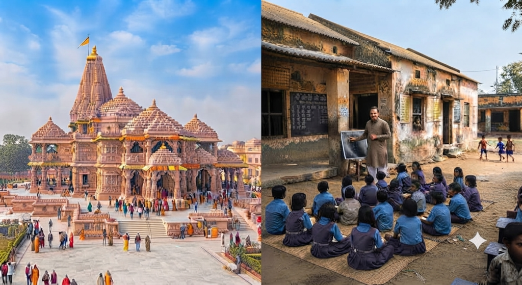 Split image of a grand place of worship and a poorly equipped school in India where students learn without proper classroom facilities.
