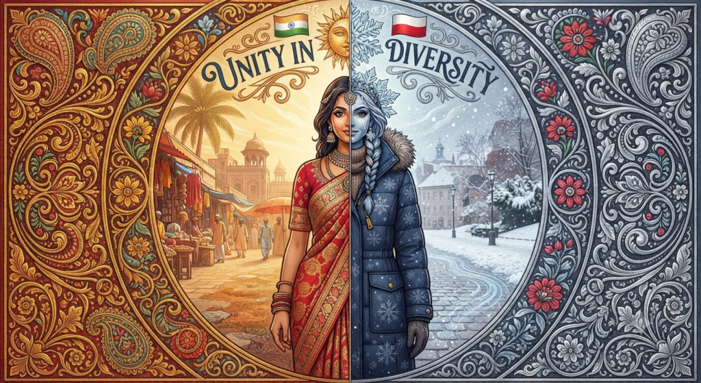 Symbolic split image showing traditional Indian saree clothing alongside a winter jacket representing Poland's cold climate.
