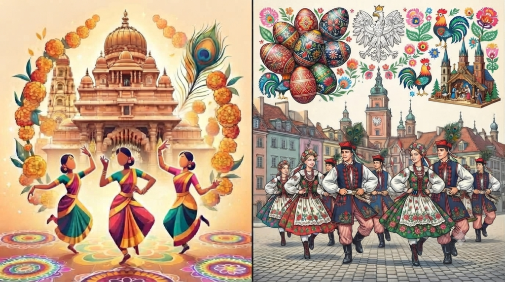 Traditional performances and cultural art representing cultural differences between India and Poland.
