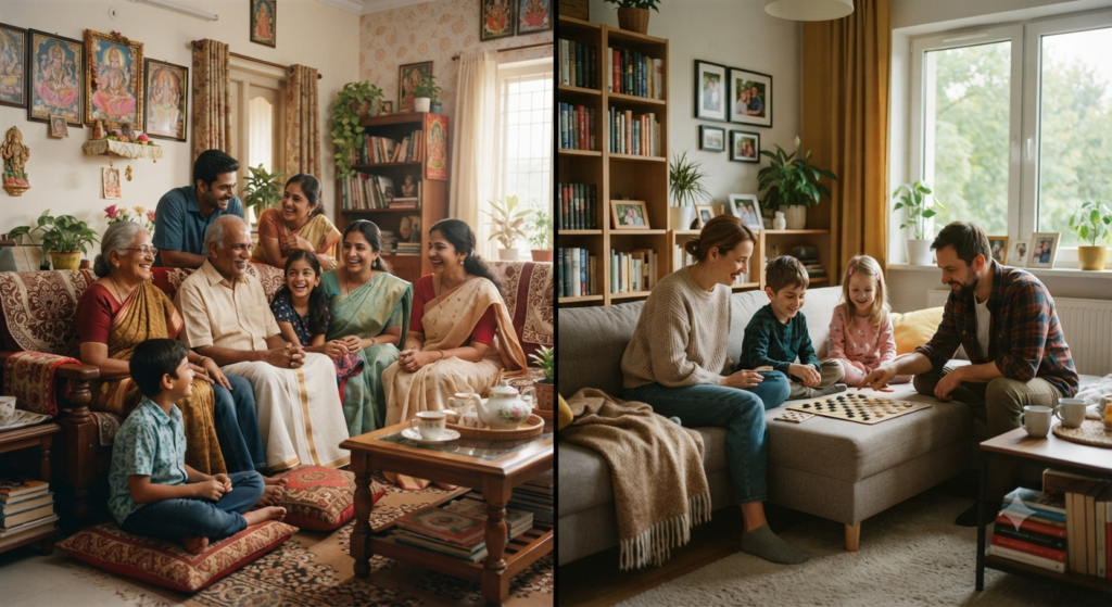 Indian and Polish families spending quality time together, representing different family traditions and relationships.