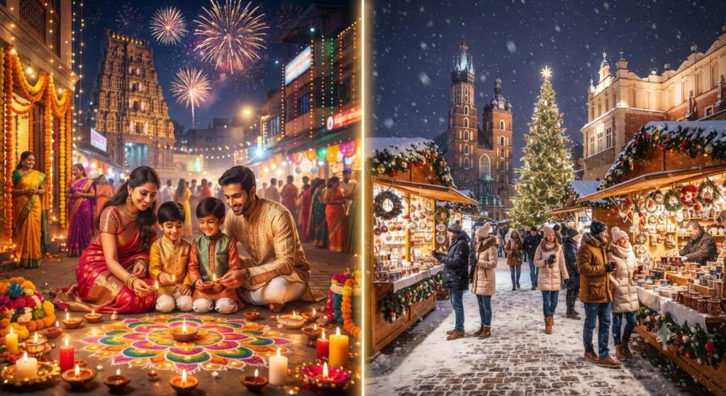 Diwali celebrations in India alongside a traditional Polish Christmas market, showing festive traditions in both cultures.