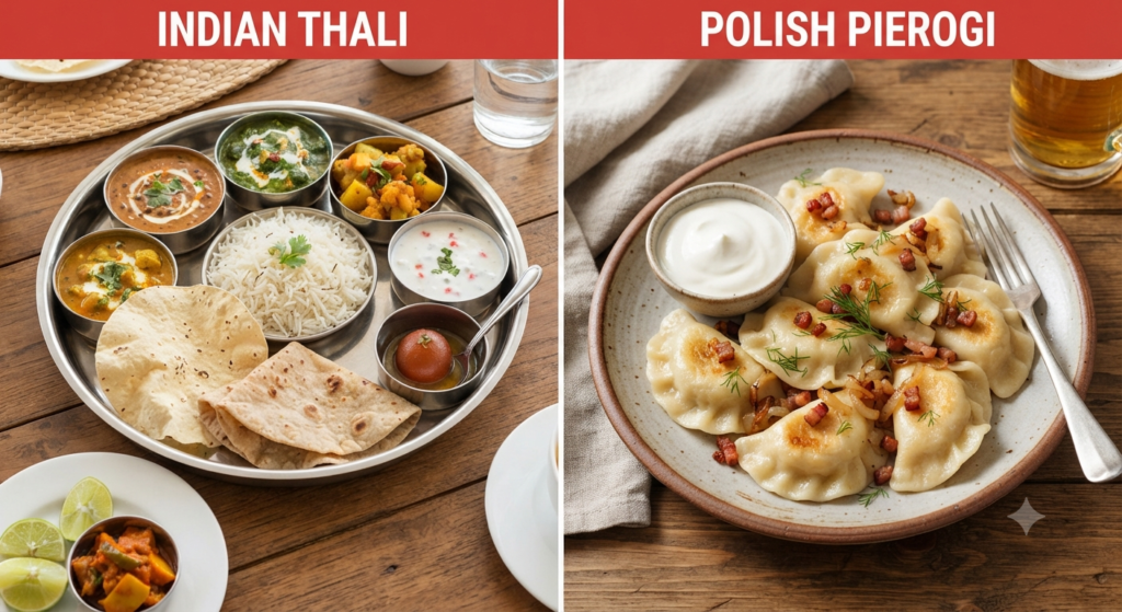 Indian and Polish dishes displayed side by side, representing food traditions in both countries.