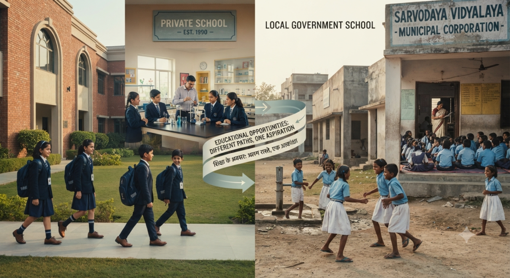 Symbolic comparison of private and government schools in India, representing different educational opportunities for children.