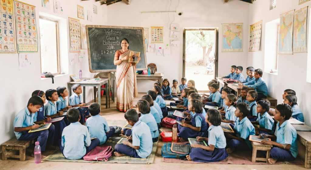 Children learning in a rural government school, representing the education system in India.